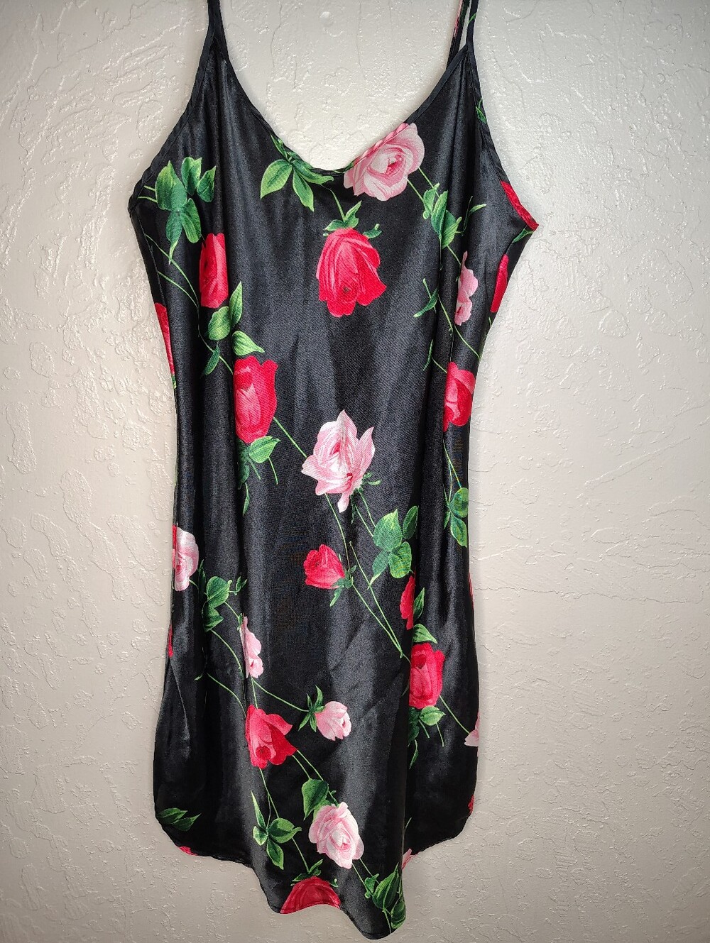 Secret Treasures Black Floral Slip Night Gown Dress with Red & Pink Roses